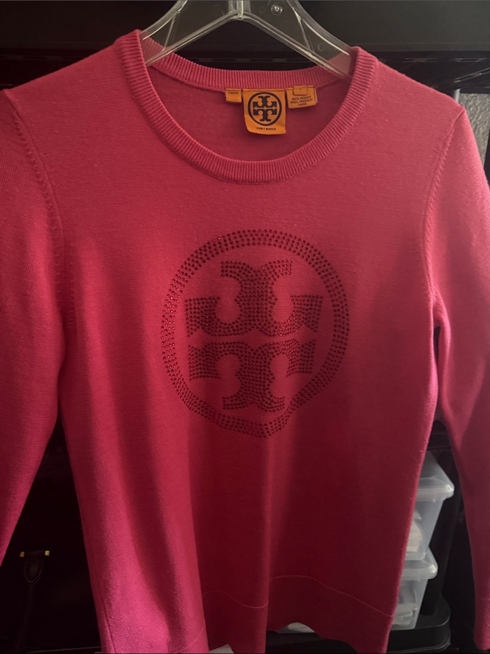 Tory Burch Fuchsia Crewneck Sweater with Studded Logo